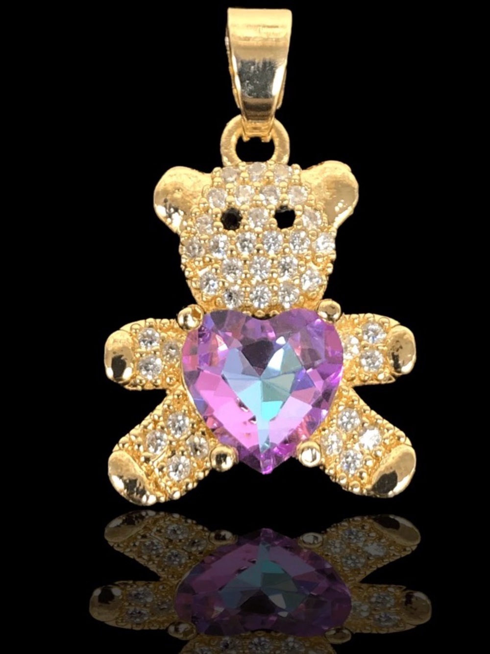 Gold Teddy Bear Pendant with Purple Heart Crystal - Picture 1 of 2